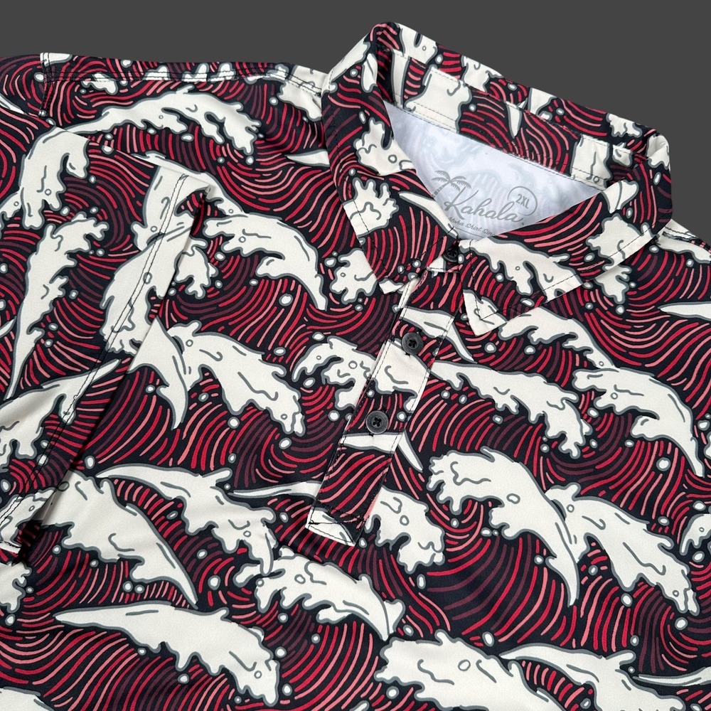 Kahala Polo Shirt Men 2XL Red Beige Cream Great Wave Performance Brrr Golf Beach
